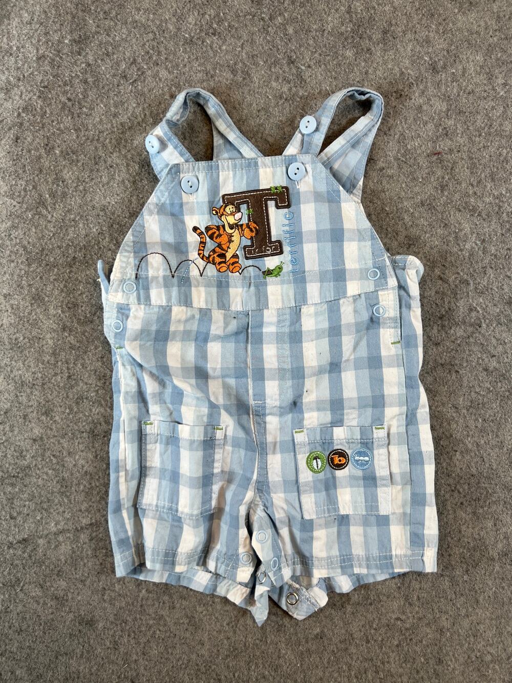 VTG 90s Disney Baby Tigger Terrific Overalls Romper 12-18M Blue Plaid Shortalls